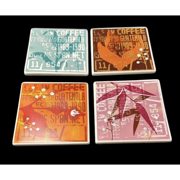 Starbucks Coffee Ceramic Coasters 2006 Multi Color Floral Leaves 4" sq - Collect - Picture 1 of 7